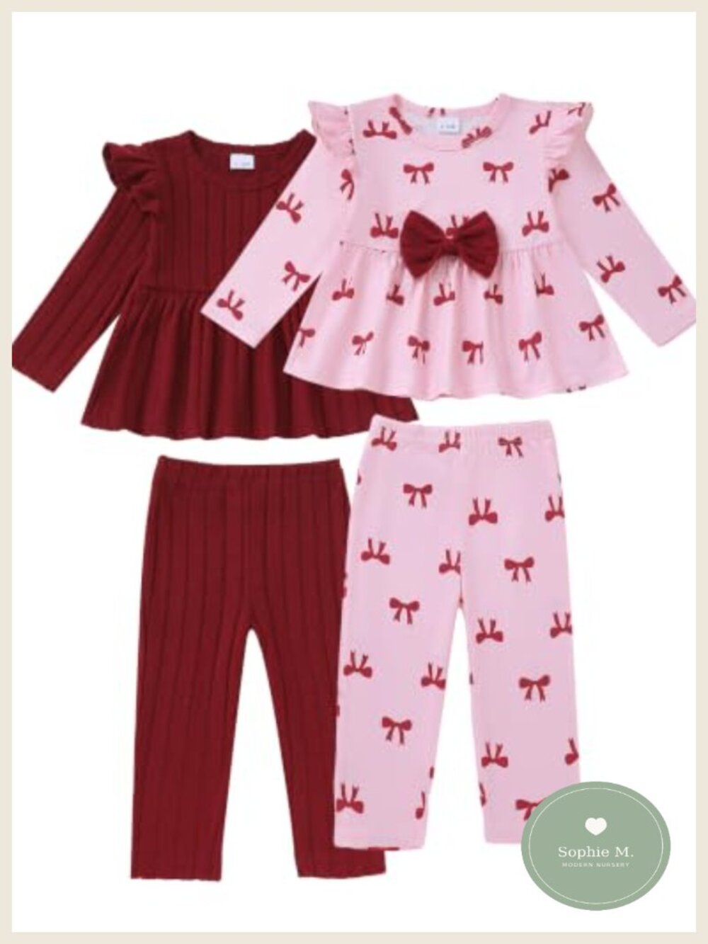 4-Piece Baby Girl Fall Winter Outfit Set Long Sleeve Tops Pants Ruffle Sleeve